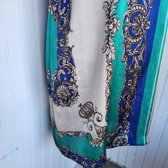 Cache Satin Green Blue Dress Beige Butterfly Scroll Chain Equestrian Print Sz M - Picture 5 of 16